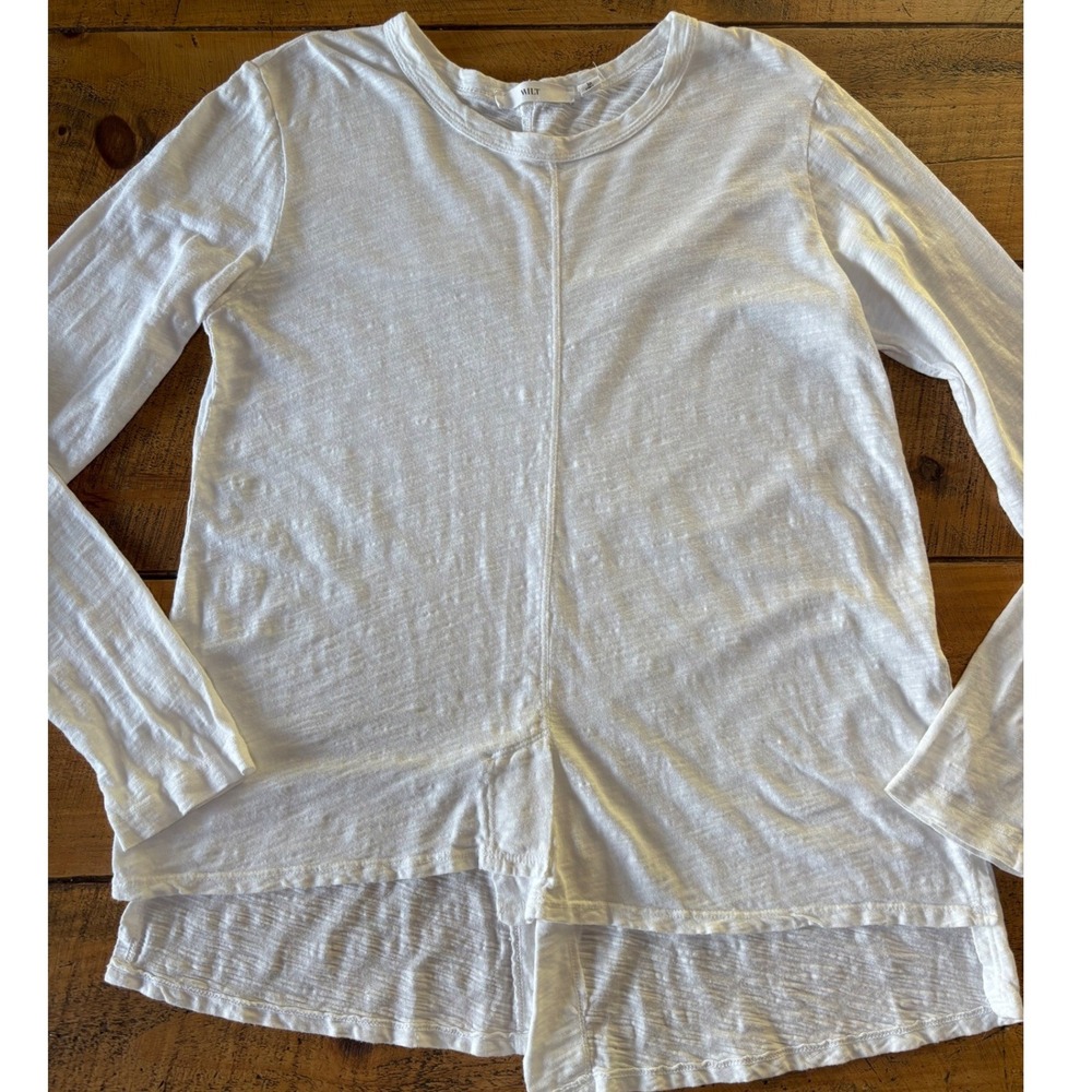 WILT Womens White Asymmetrical Split Hem Long Sleeve Crew Neck Blouse Small